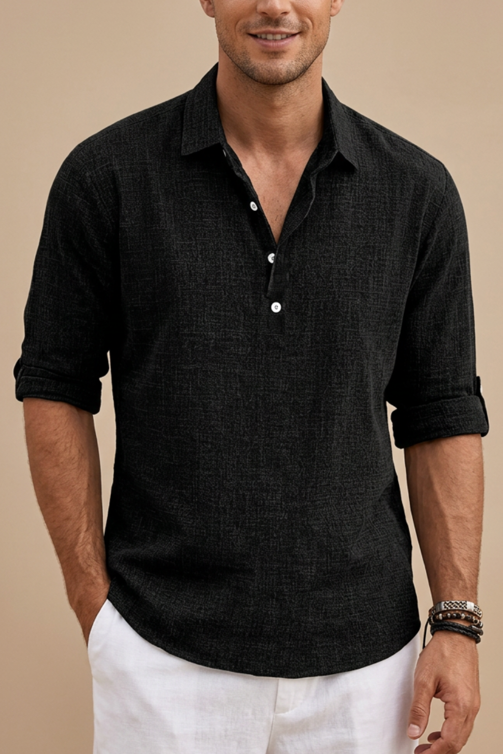 Men's Linen Polo Shirt with Classic Collar and Button Placket