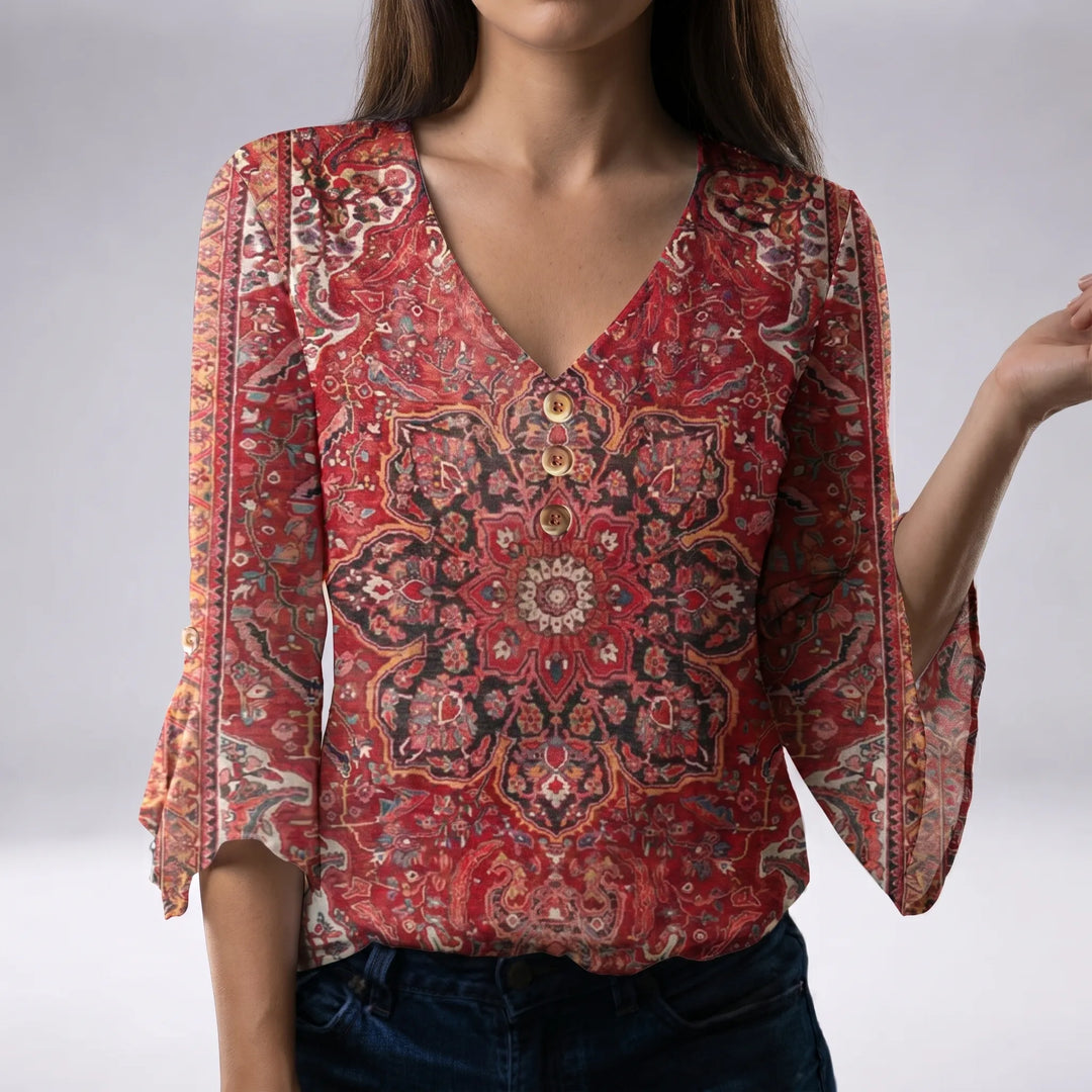 Bohovelle - Bohemian Print V-Neck Blouse