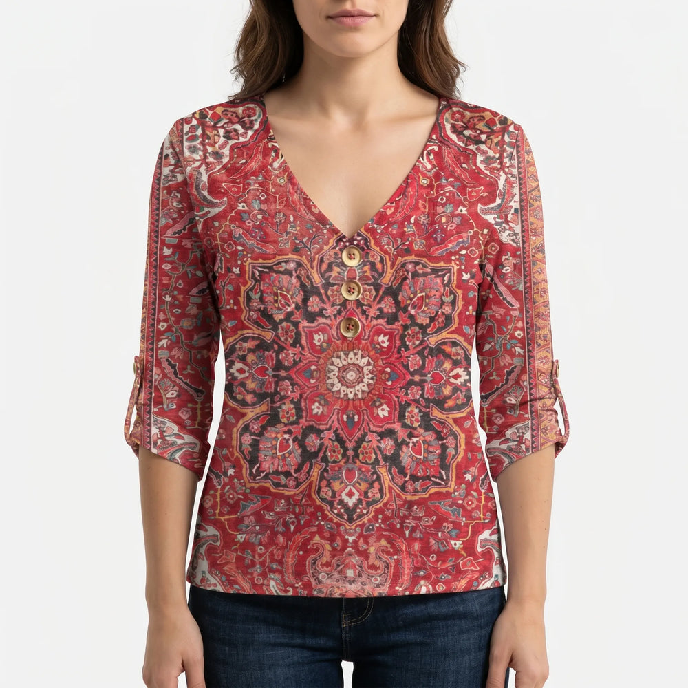 Bohovelle - Bohemian Print V-Neck Blouse