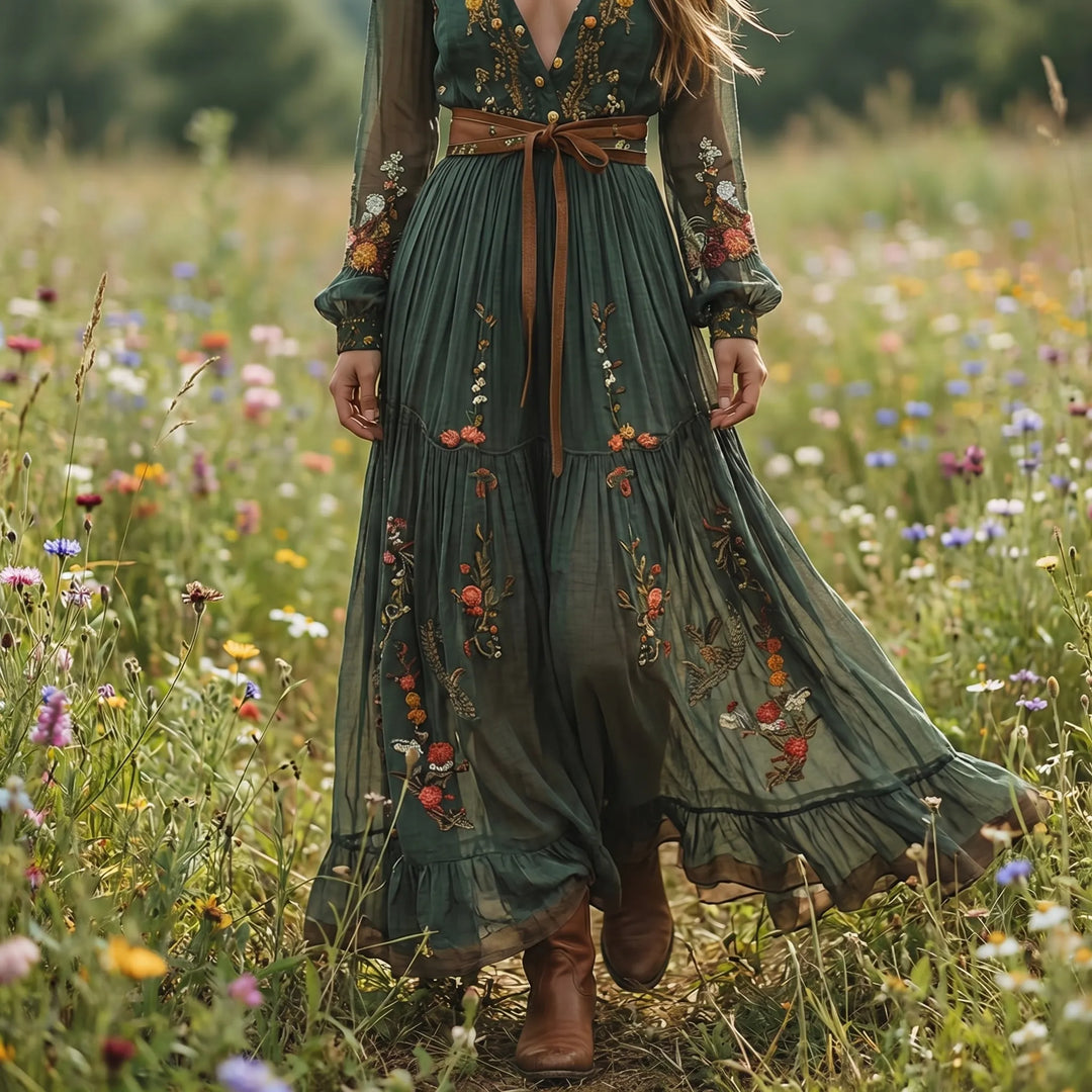 Bohvara - Bohemian Floral Maxi Dress With Shirt Collar