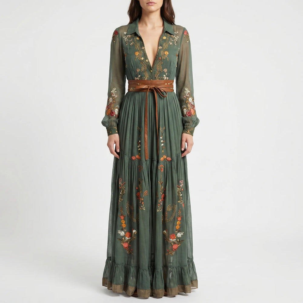 Bohvara - Bohemian Floral Maxi Dress With Shirt Collar