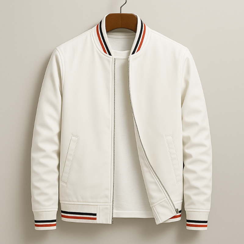 Casual Men's Bomber Jacket With Striped Ribbing And Zipper Closure