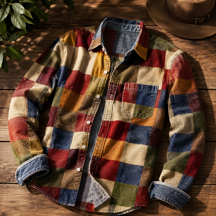 Men’s Long Sleeve Shirt with Patchwork and Button Closure