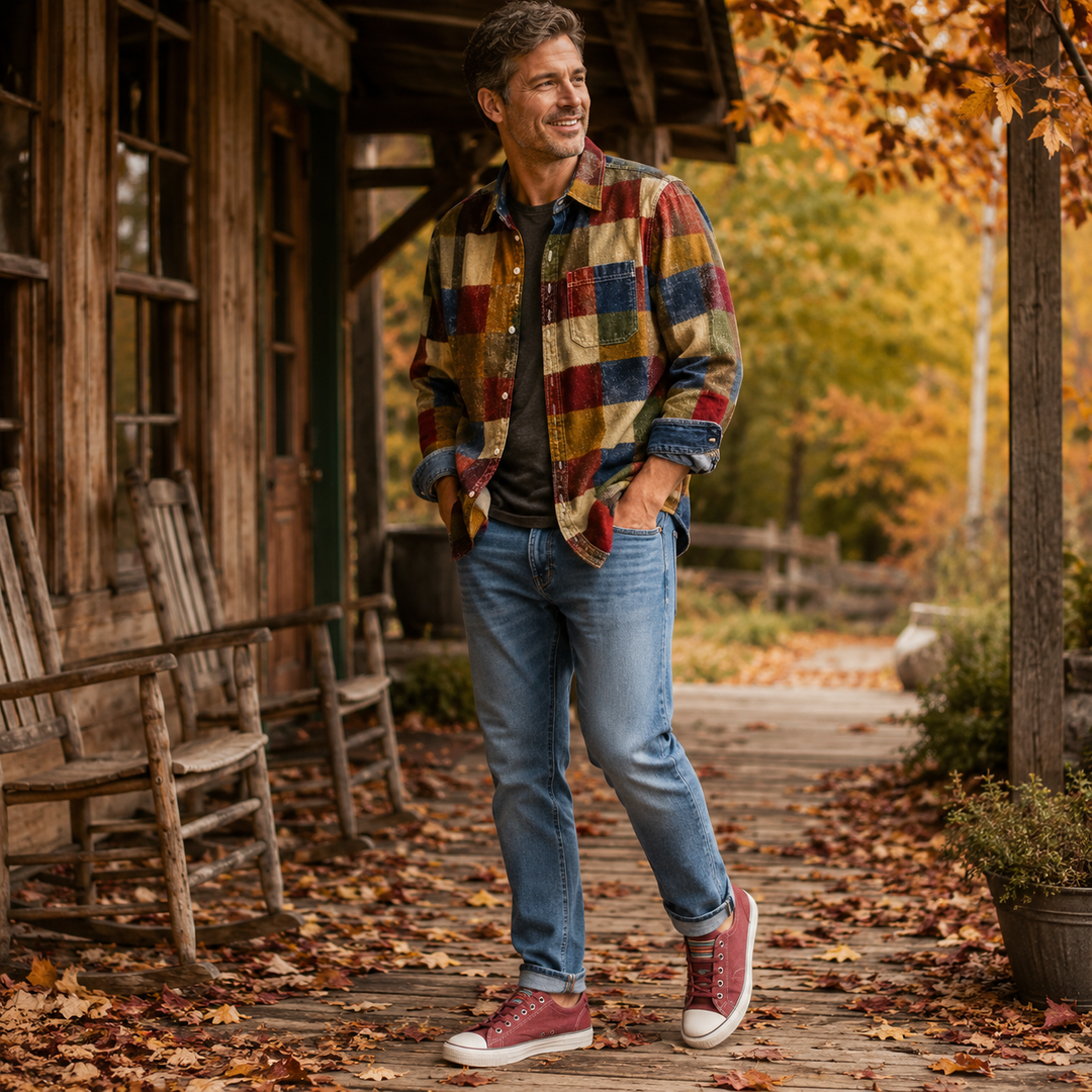Men’s Long Sleeve Shirt with Patchwork and Button Closure