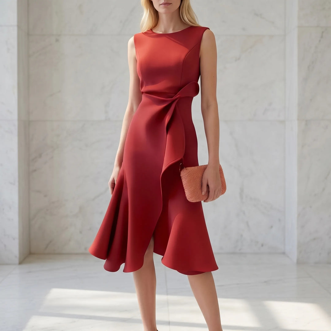 Midi Dress - Asymmetric Draped Ruffle Hem
