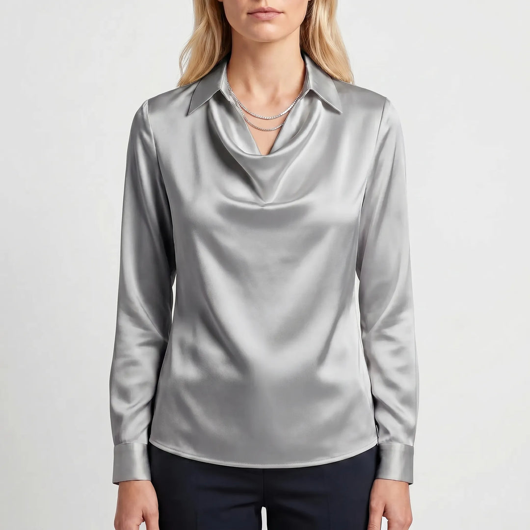 Draviela - Long Sleeve Draped Neckline Blouse