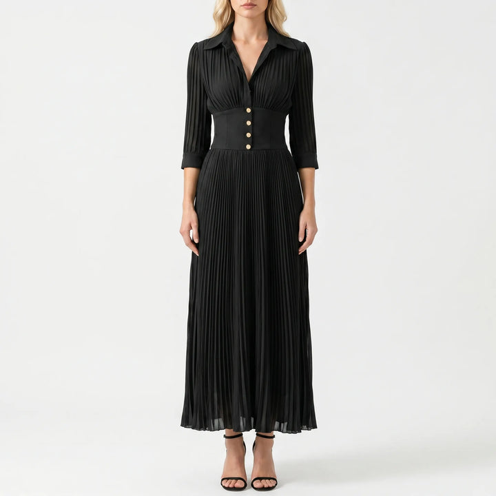 Elegara - Fitted Waist Pleated Maxi Dress