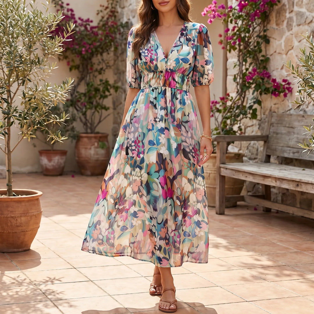 Floravia - V-Neck Floral Midi Dress