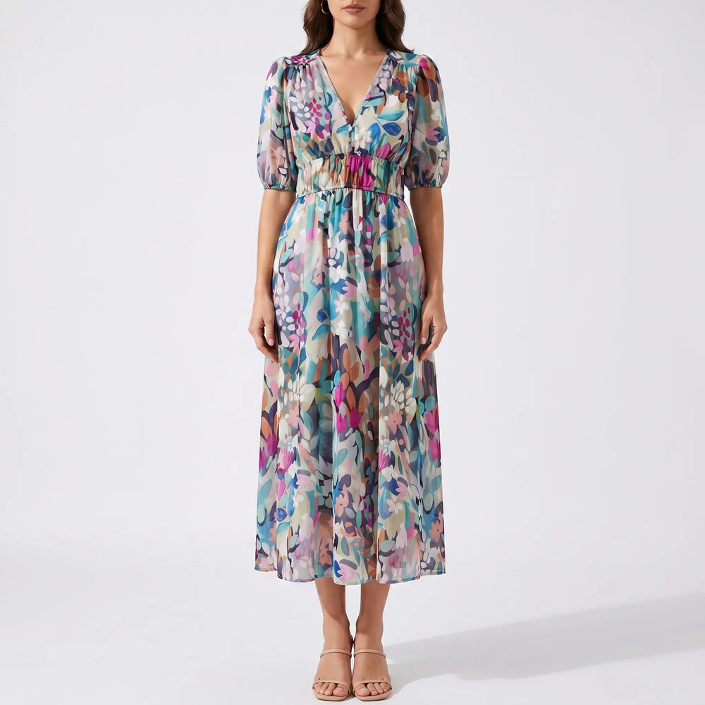 Floravia - V-Neck Floral Midi Dress