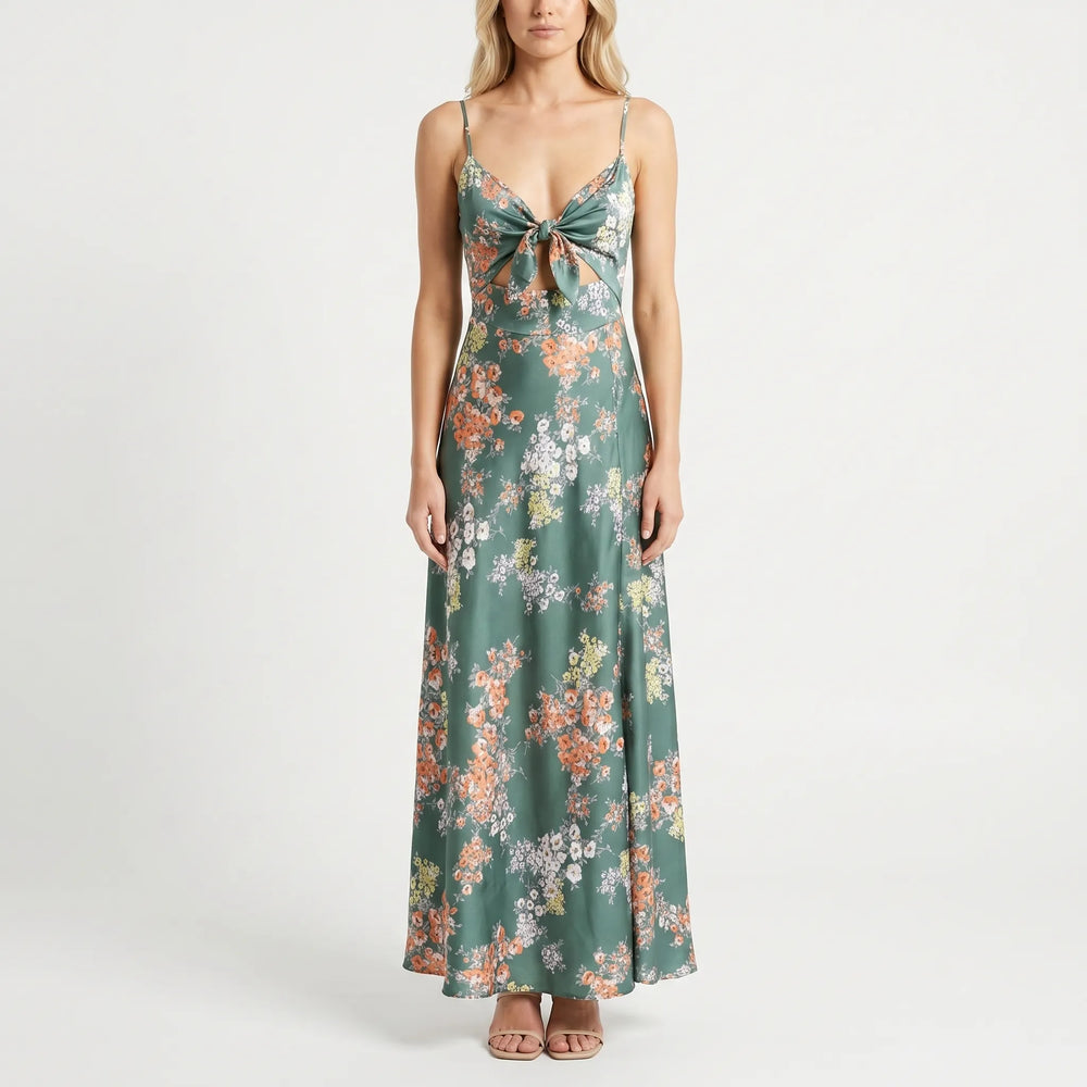 Florielle - Floral Print Maxi Dress With Tie Detail