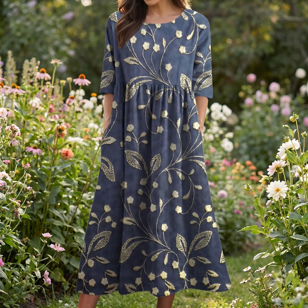 Floriven - Floral Print Midi Dress With Half Sleeves