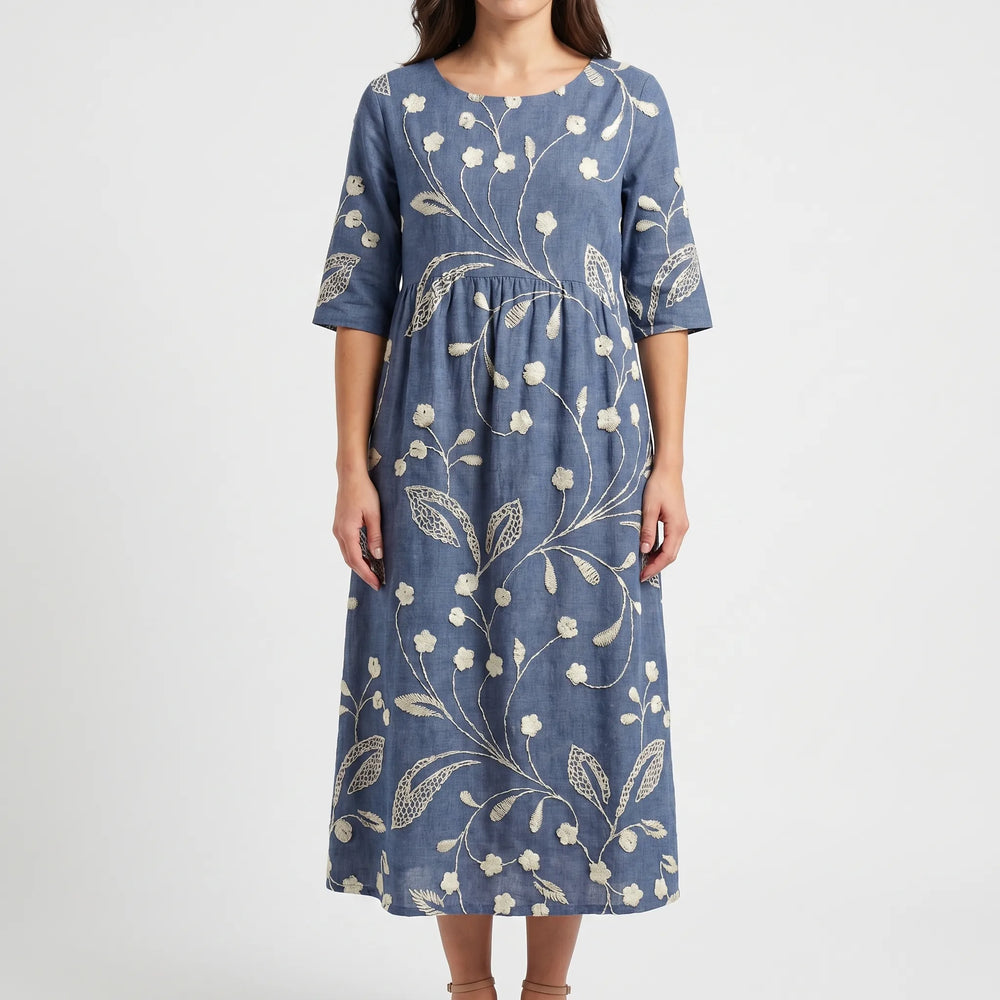 Floriven - Floral Print Midi Dress With Half Sleeves