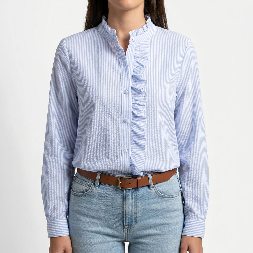 Frillova - Ruffled Front Button-Up Work Blouse