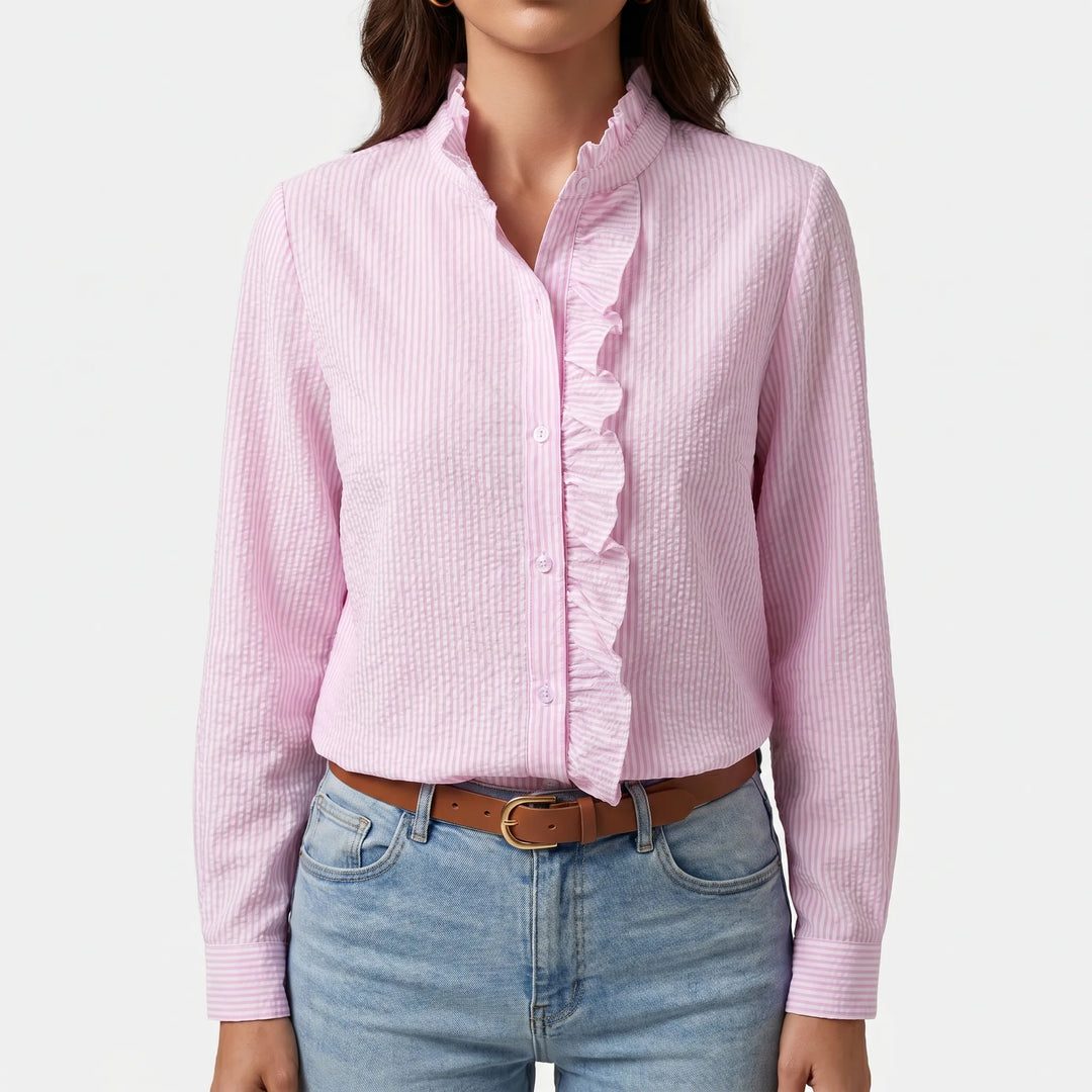 Frillova - Ruffled Front Button-Up Work Blouse