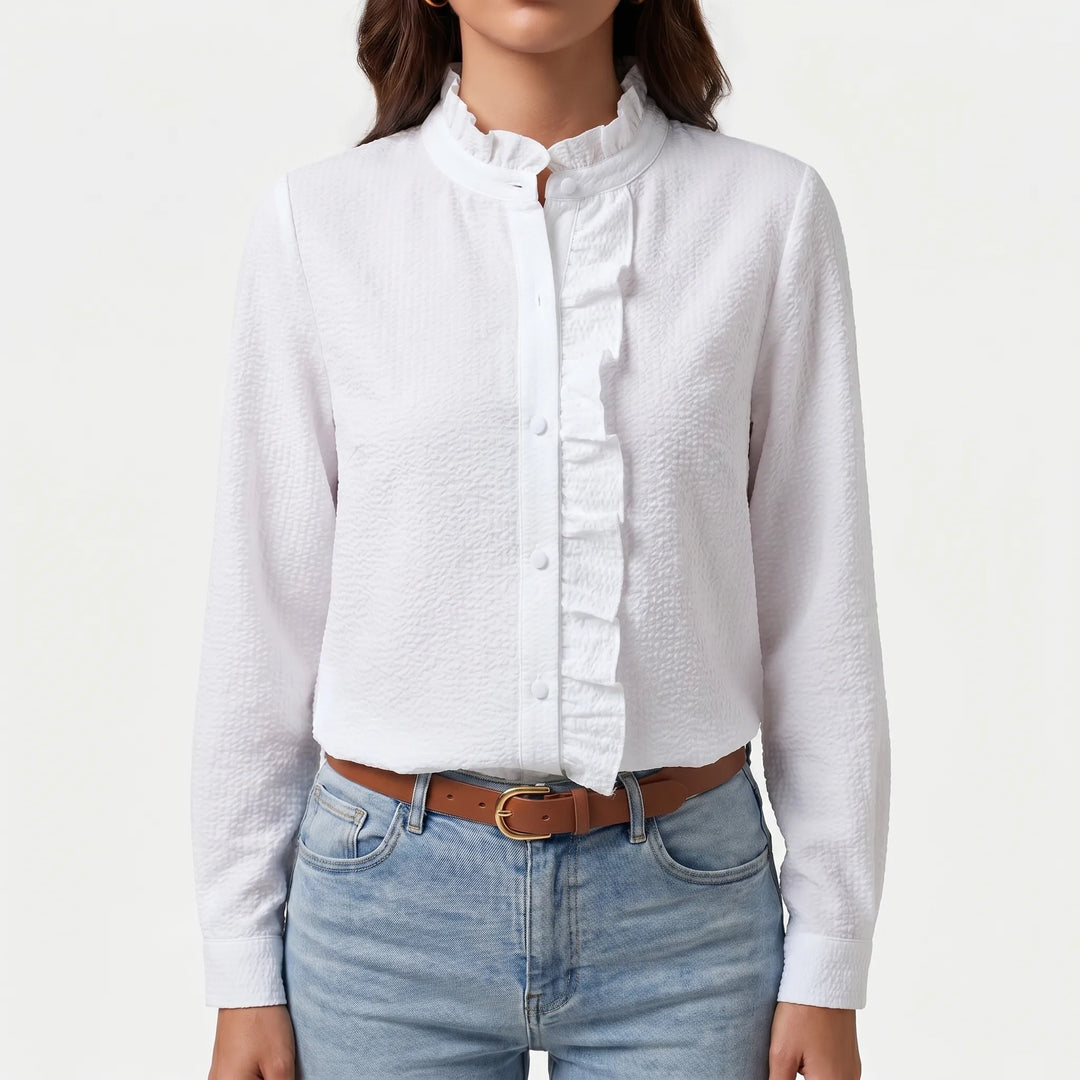 Frillova - Ruffled Front Button-Up Work Blouse