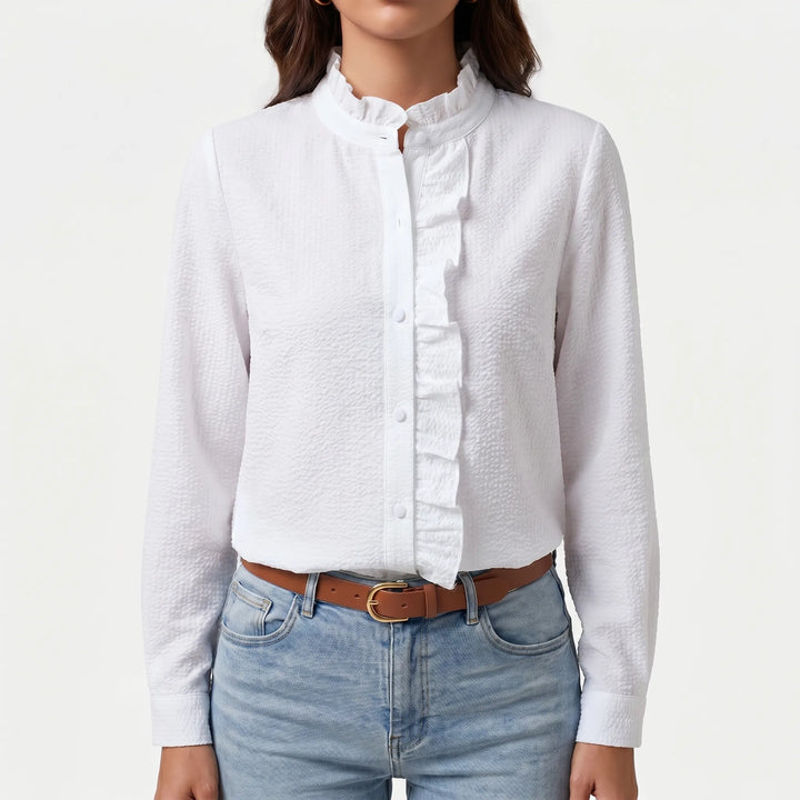 Frillova - Ruffled Front Button-Up Work Blouse