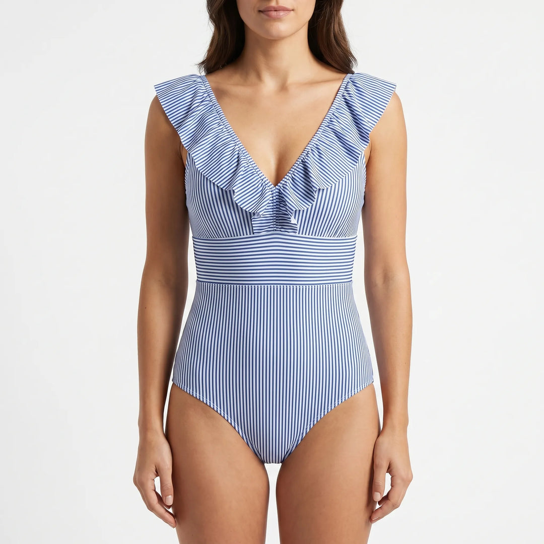Frillova - Striped Ruffle V-Neck Swimsuit