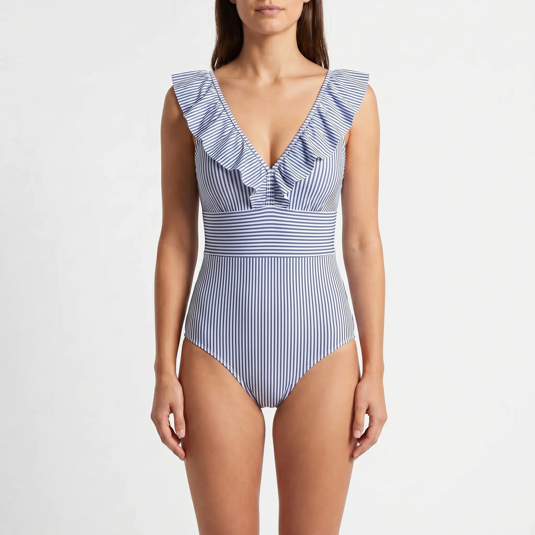 Frillova - Striped Ruffle V-Neck Swimsuit