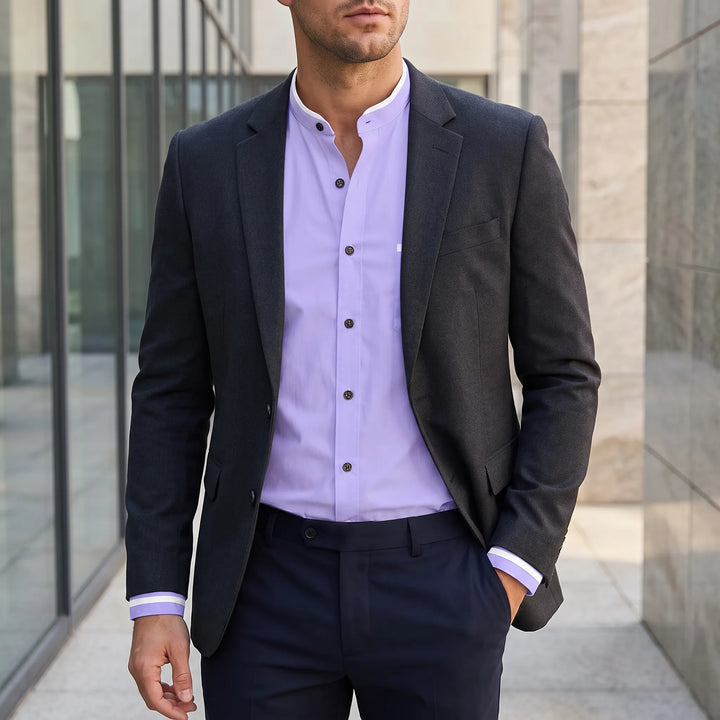 Kempto Men’s Long Sleeve Shirt - Grandad Collar Shirt Suit Layer With Chest Pocket