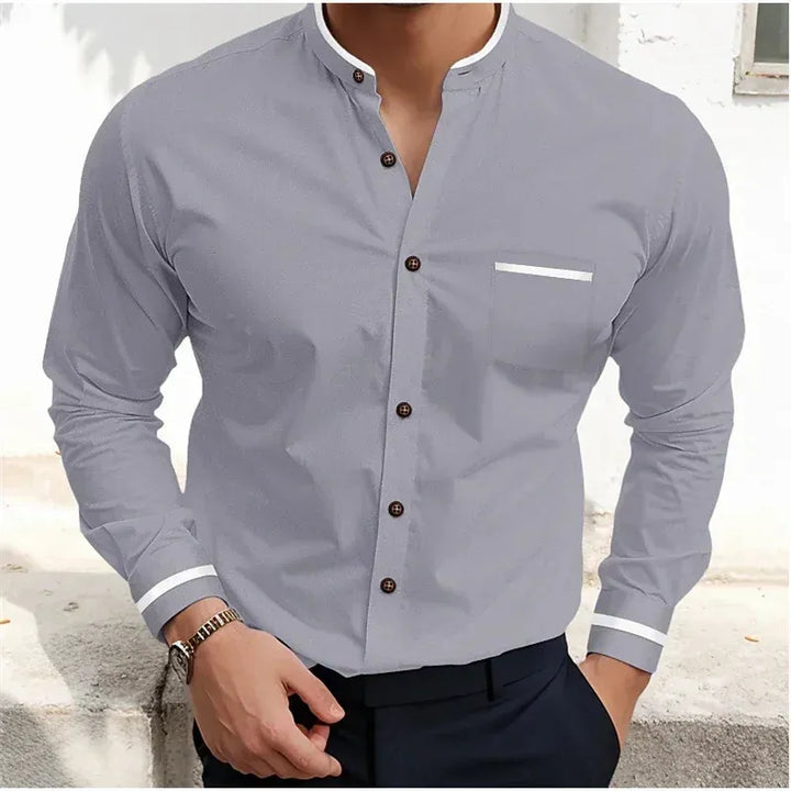 Kempto Men’s Long Sleeve Shirt - Grandad Collar Shirt Suit Layer With Chest Pocket