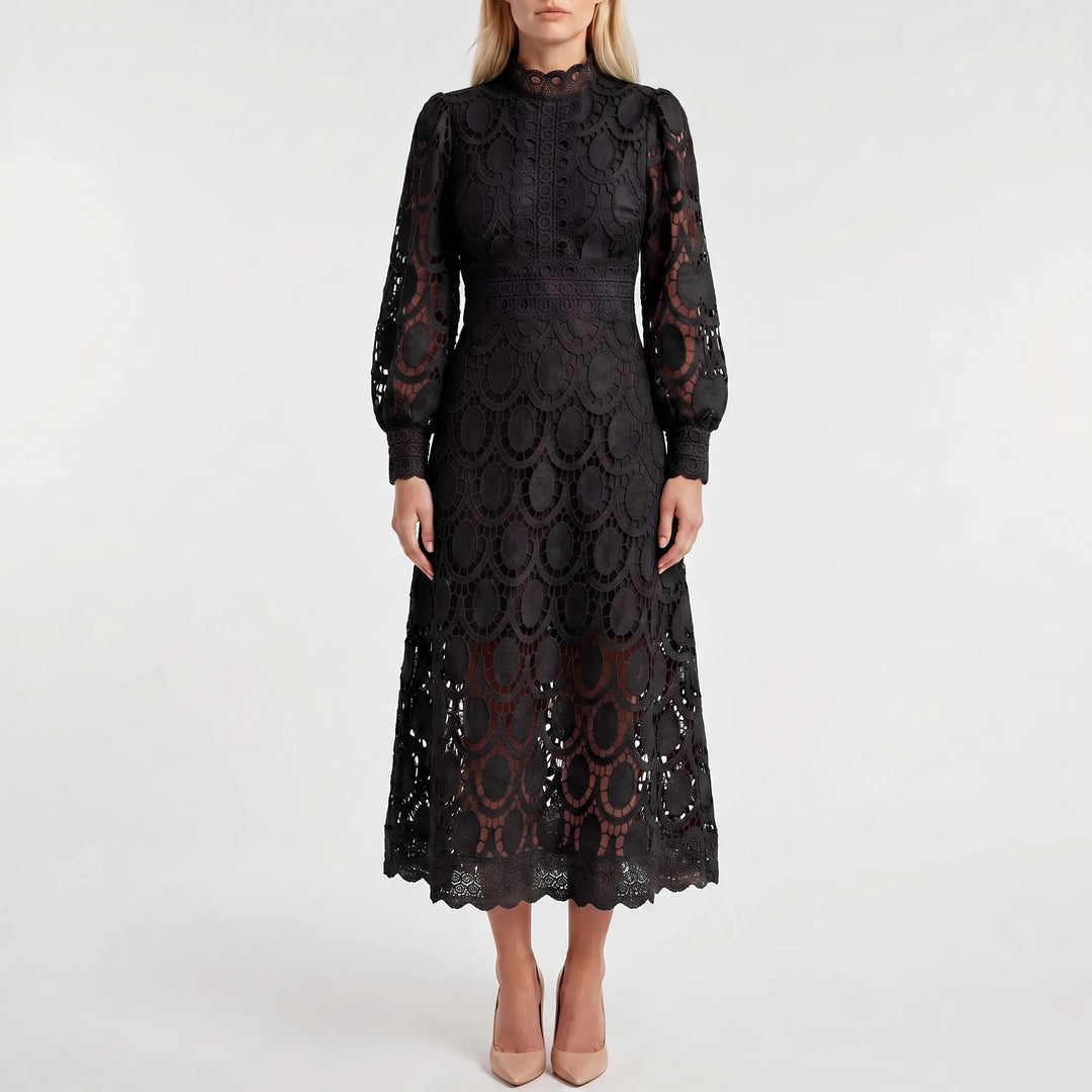 Lacevelle - Lace Midi Dress With High Neck