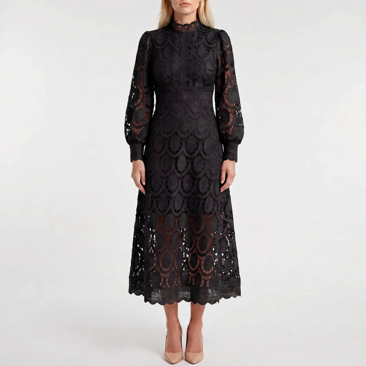 Lacevelle - Lace Midi Dress With High Neck