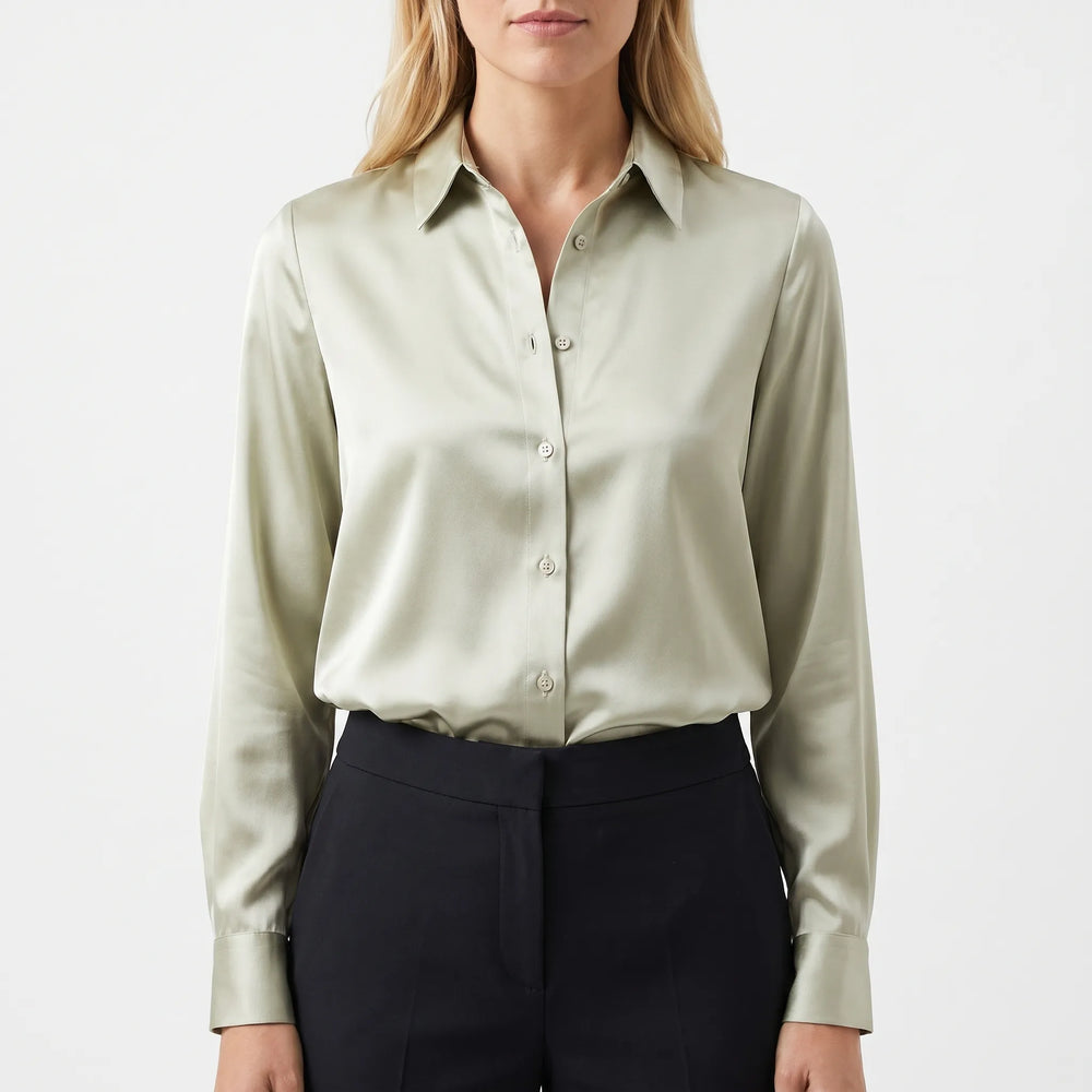 Lustreaux - Long Sleeve Satin Button-Down Blouse