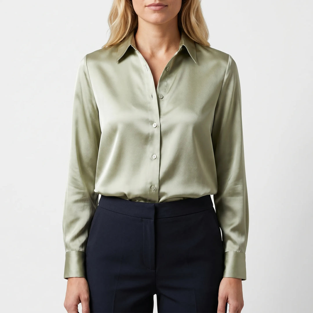 Lustreaux - Long Sleeve Satin Button-Down Blouse