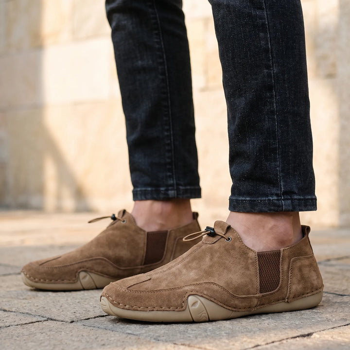 Men’s Brown Slip-On Shoes With Elastic Lacing And Textured Sole