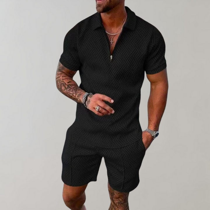 Men’s Casual Polo and Shorts Set with Zip Detail