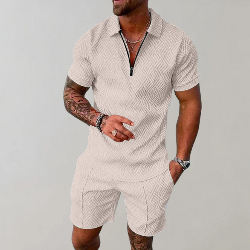 Men’s Casual Polo and Shorts Set with Zip Detail