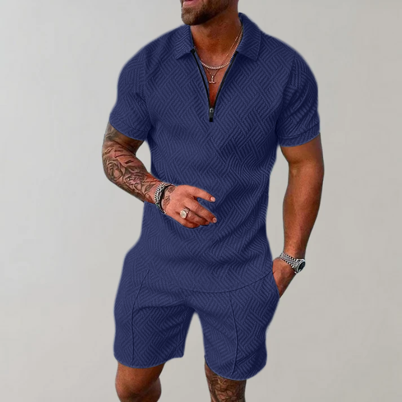 Men’s Casual Polo and Shorts Set with Zip Detail