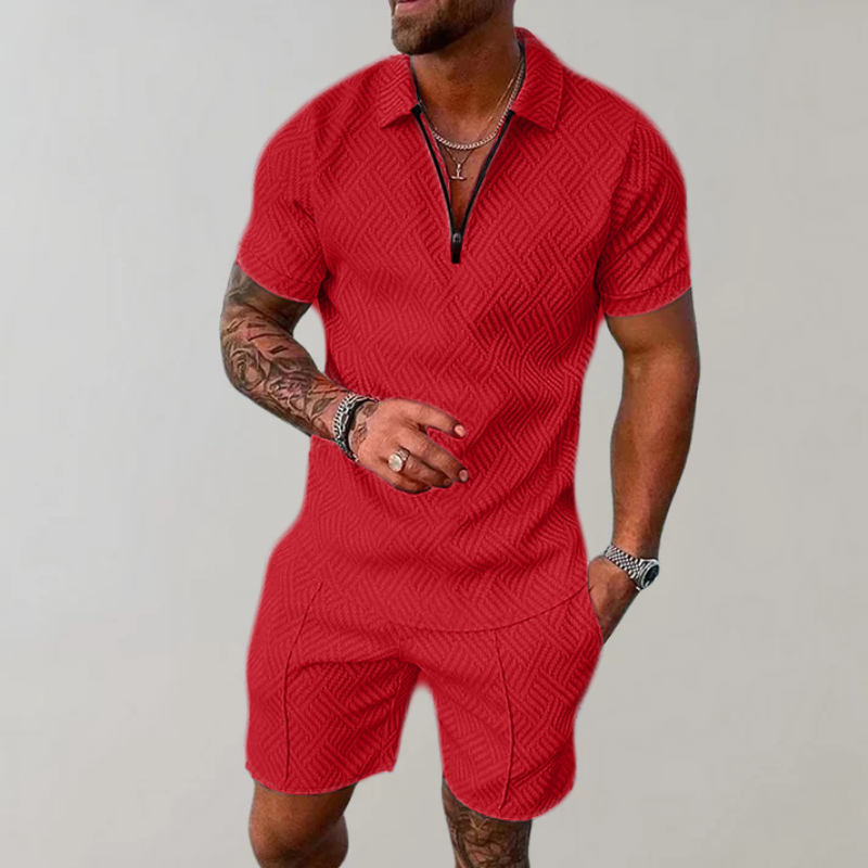 Men’s Casual Polo and Shorts Set with Zip Detail