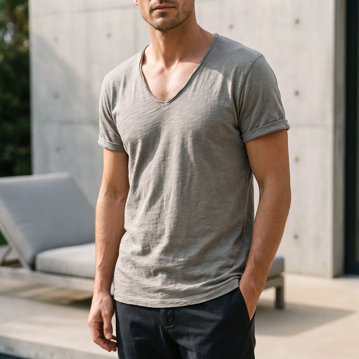 Men’s Deep V Neck T Shirt With Short Sleeves And Stitched Hem