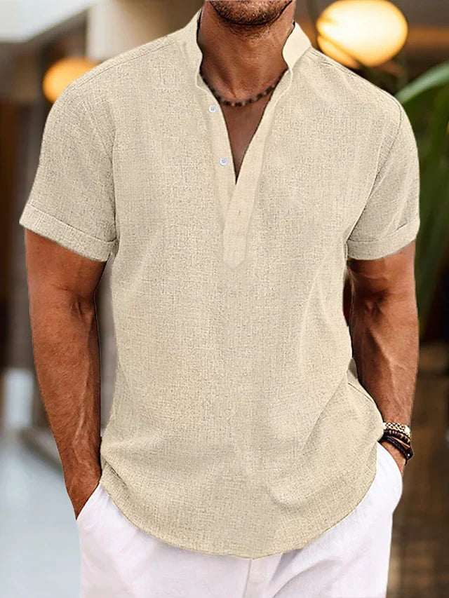 Men’s Linen-Look Henley Shirt With Short Sleeves