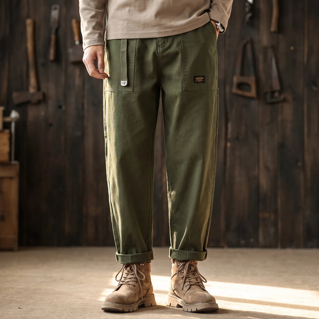 Men’s Straight Leg Cargo Trousers With Flap Pockets And Drawstring Waist