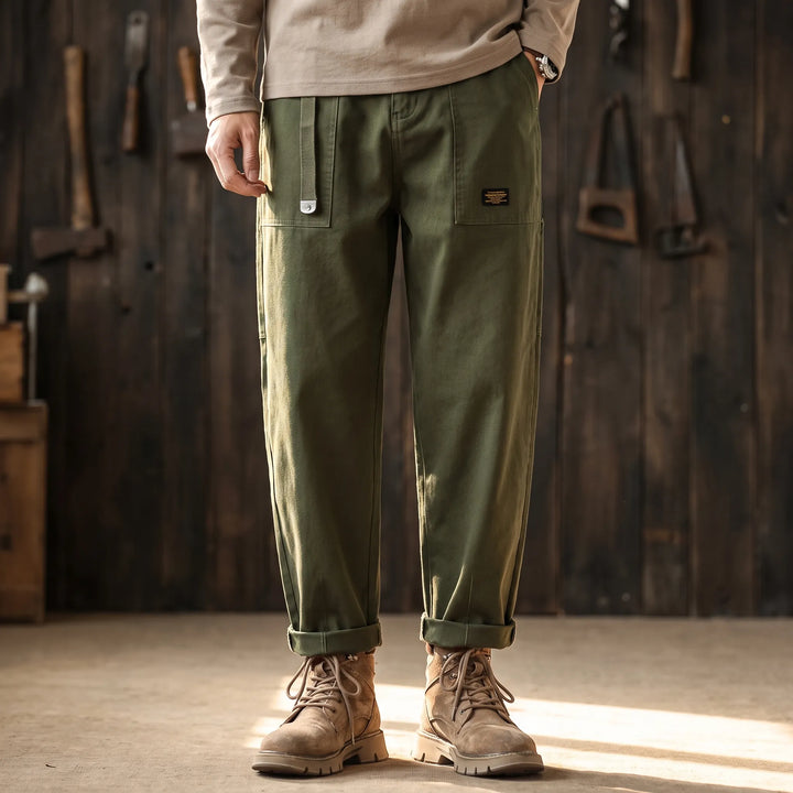 Men’s Straight Leg Cargo Trousers With Flap Pockets And Drawstring Waist
