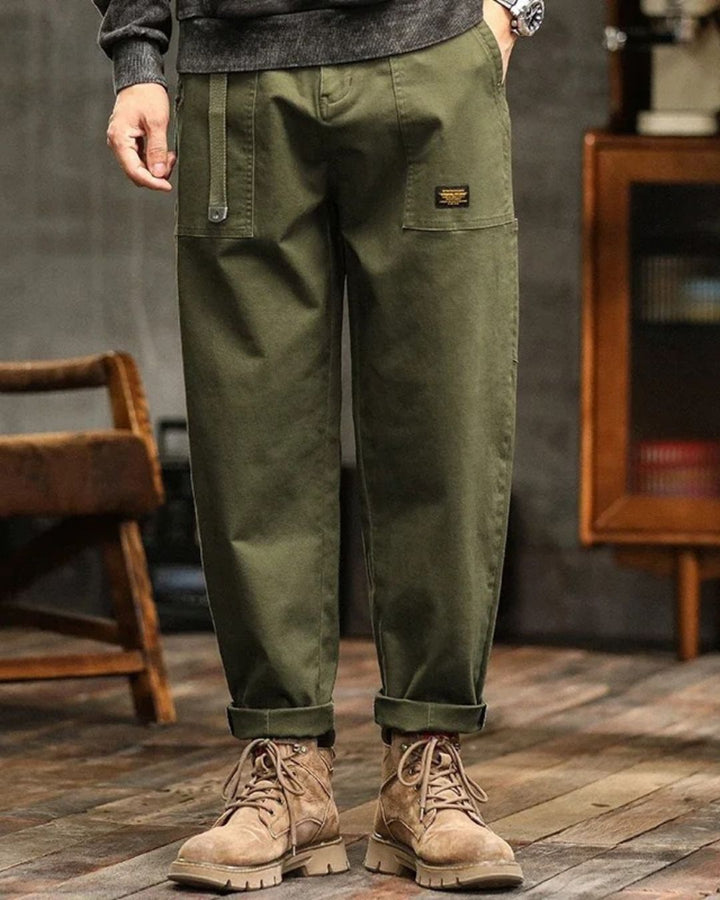 Men’s Straight Leg Cargo Trousers With Flap Pockets And Drawstring Waist