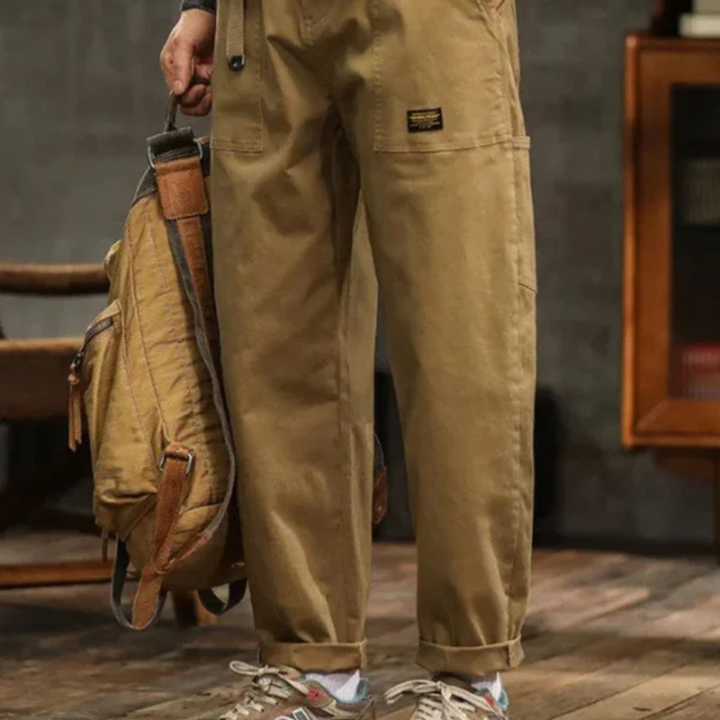 Men’s Straight Leg Cargo Trousers With Flap Pockets And Drawstring Waist