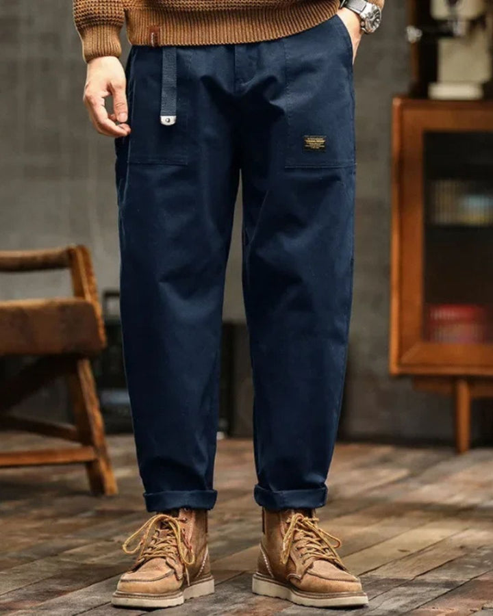 Men’s Straight Leg Cargo Trousers With Flap Pockets And Drawstring Waist