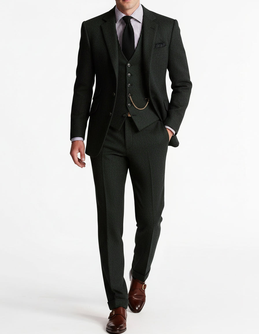 Men’s Three-Piece Tweed Tuxedo Set with Blazer and Waistcoat