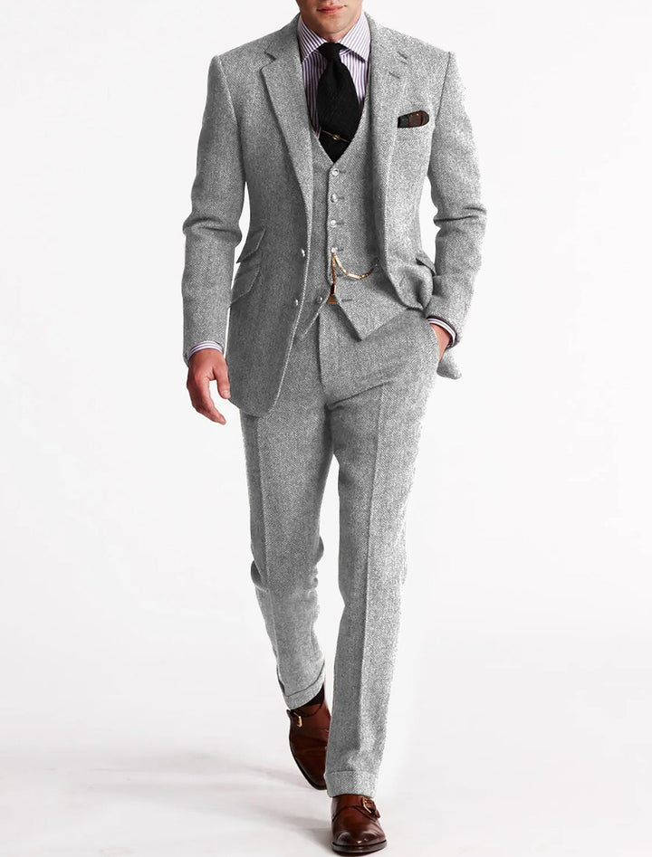 Men’s Three-Piece Tweed Tuxedo Set with Blazer and Waistcoat