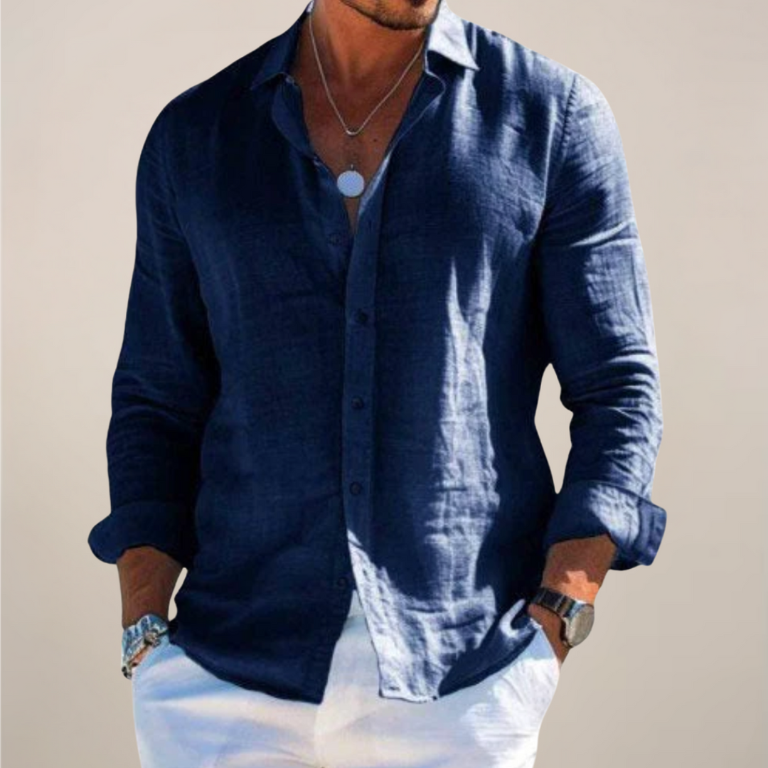 Men’s White Linen Dress Shirt With Classic Collar For Evening Events