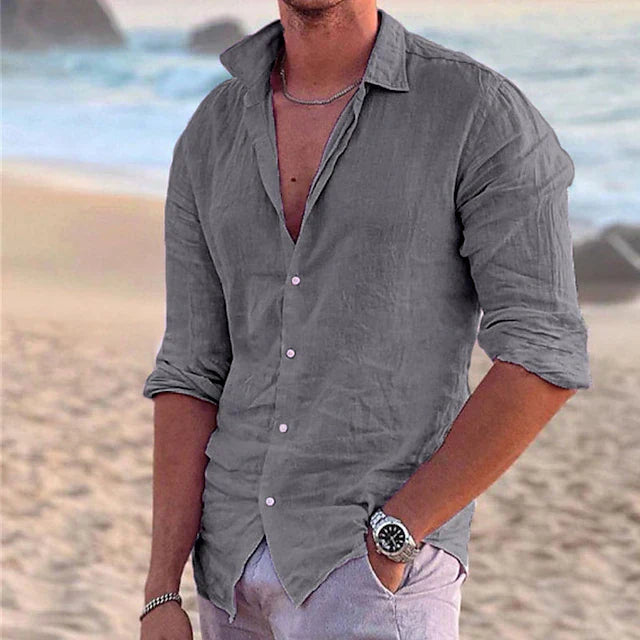 Men’s Linen Long Sleeve Shirt with Button-Down Collar