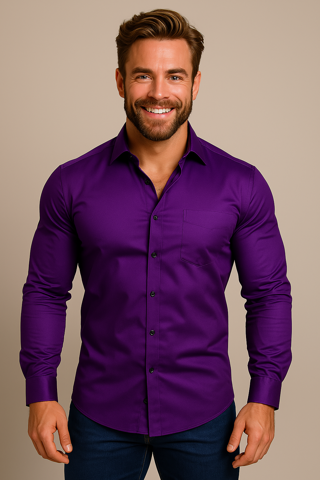 Men’s Long-Sleeved Shirt with Button Closure and Point Collar