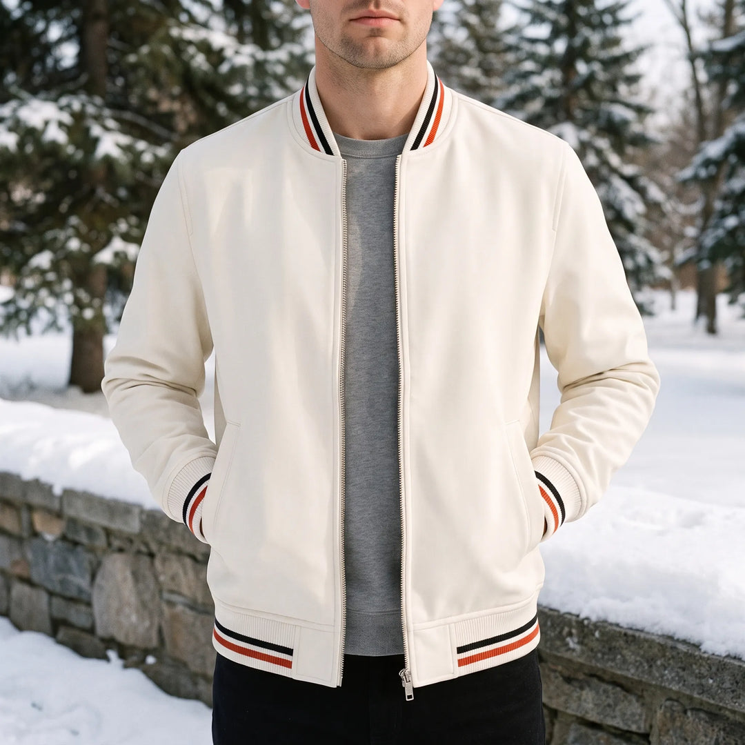 Mens Bomber Aviator Jacket With Striped Ribbing And Zip Closure