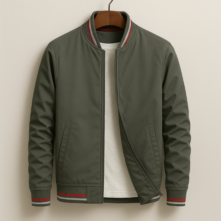 Mens Bomber Aviator Jacket With Striped Ribbing And Zip Closure