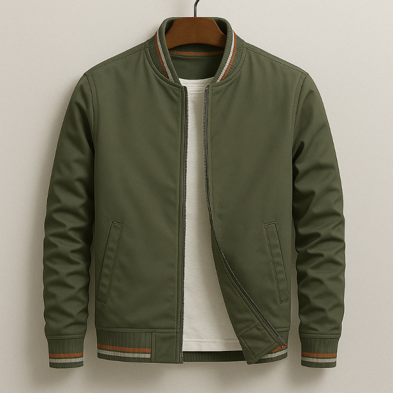 Mens Bomber Aviator Jacket With Striped Ribbing And Zip Closure