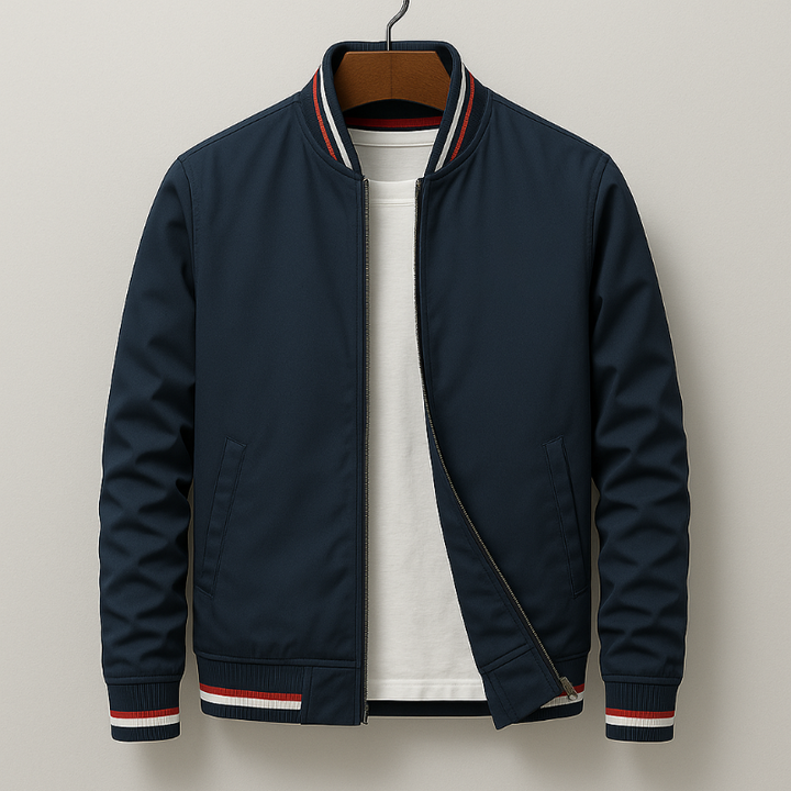 Mens Bomber Aviator Jacket With Striped Ribbing And Zip Closure