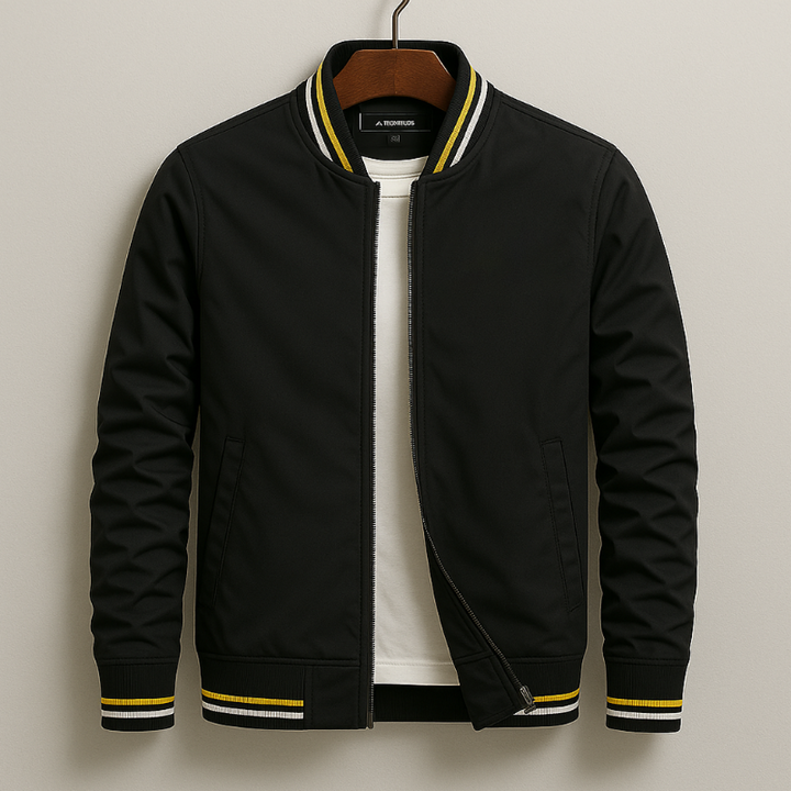 Mens Bomber Aviator Jacket With Striped Ribbing And Zip Closure